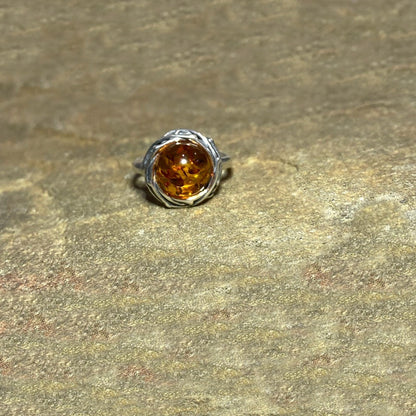 Round Amber Ornate Sterling Silver Ring- Size 7