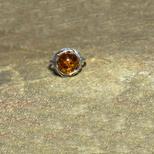 Round Amber Ornate Sterling Silver Ring- Size 7