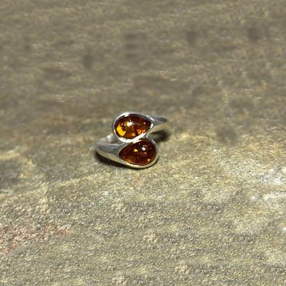 Double Teardrop Amber Ring- Size 7.5