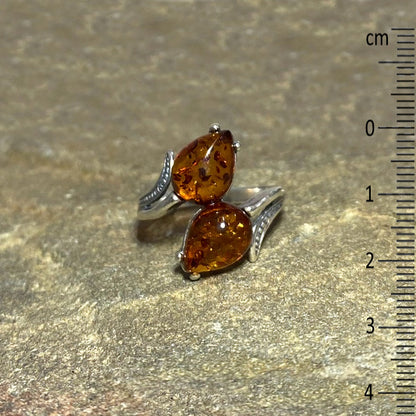 Double Teardrop Amber Ring- Size 9
