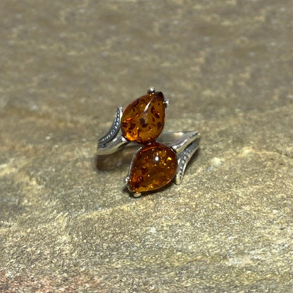 Double Teardrop Amber Ring- Size 9