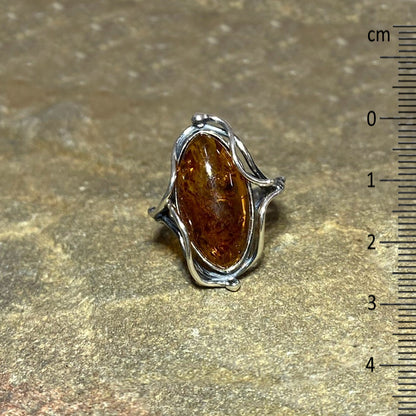 Oval Amber Ornate Sterling Silver Ring- Size 7.5