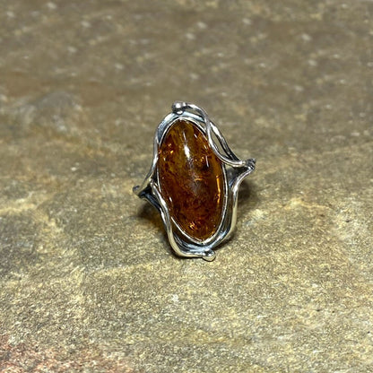 Oval Amber Ornate Sterling Silver Ring- Size 7.5