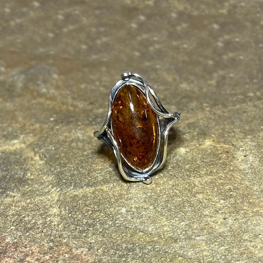 Oval Amber Ornate Sterling Silver Ring- Size 7.5