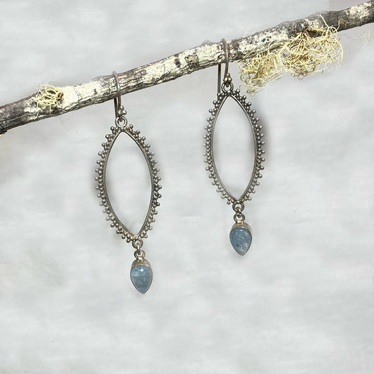 Pear Shaped Aquamarine Ornate Sterling Silver Earrings