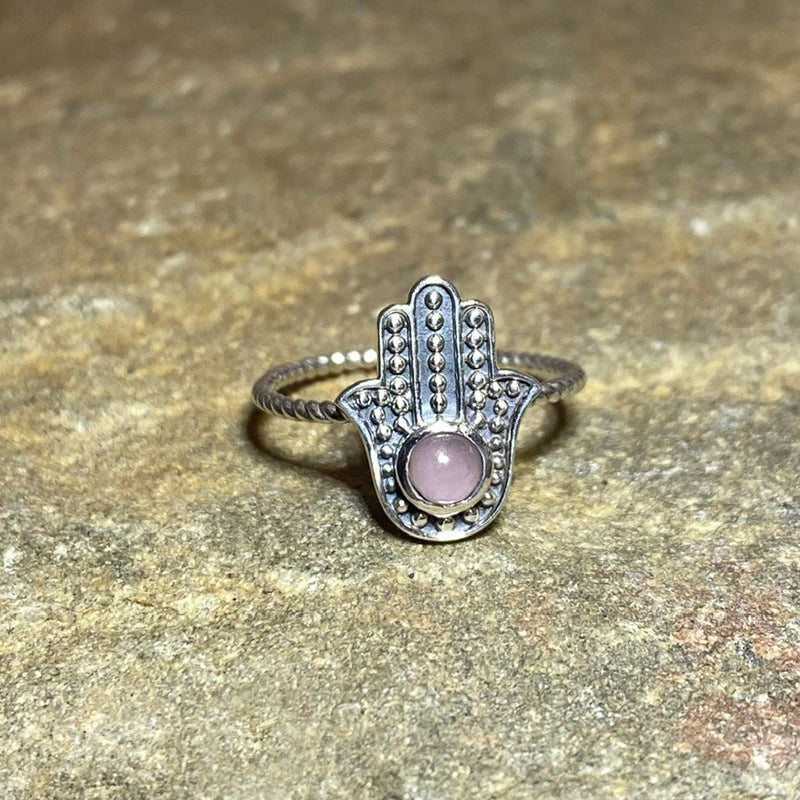 Round Rose Quartz Hamsa Hand Ring- Size 7